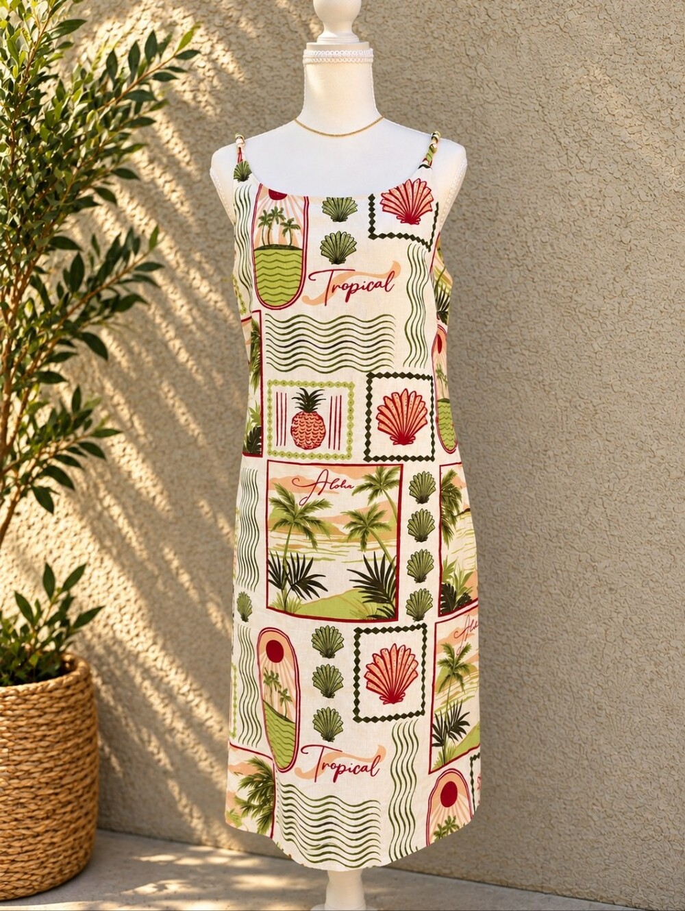 C&C California Tropical Linen Blend Midi Dress Size M Palm Tree Coastal Resort